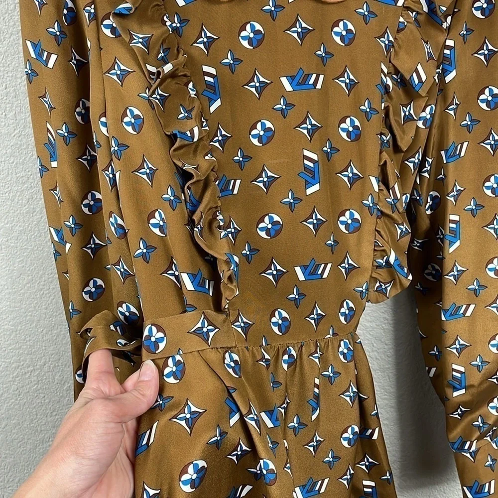 Louis Vuitton Retro Multicolor Monogram LV Collared Ruffle Mini Dress Silk 38